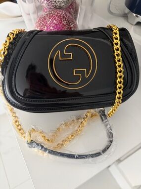 Black Patent Crossbody Bag with Gold Logo Chain